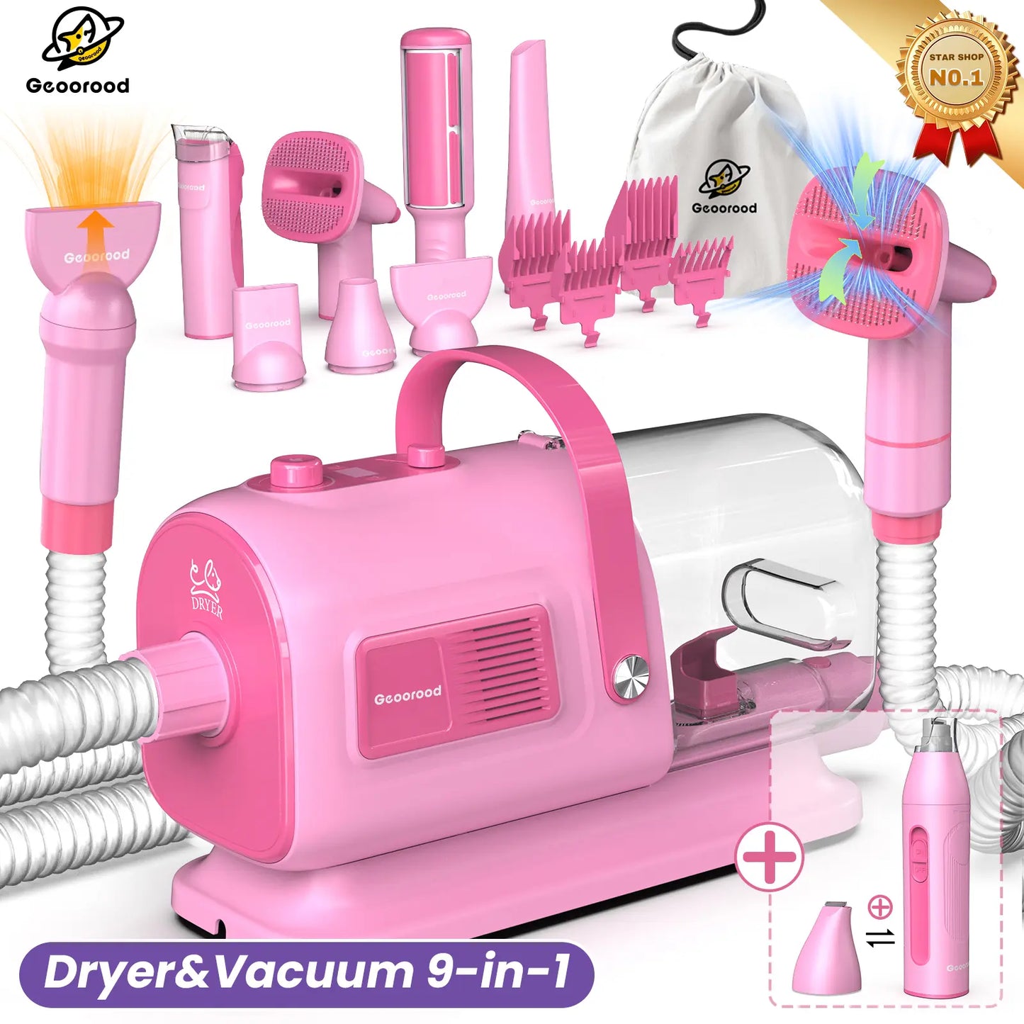 【Geoorood】 Geoorood Dog Grooming All-In-One Kit with Vacuum Brush 2.5L Large Pog, Stainless Steel Blades Lightweight Design 13Kpa Suction Force Portable Cleaning Set#Backtoschool