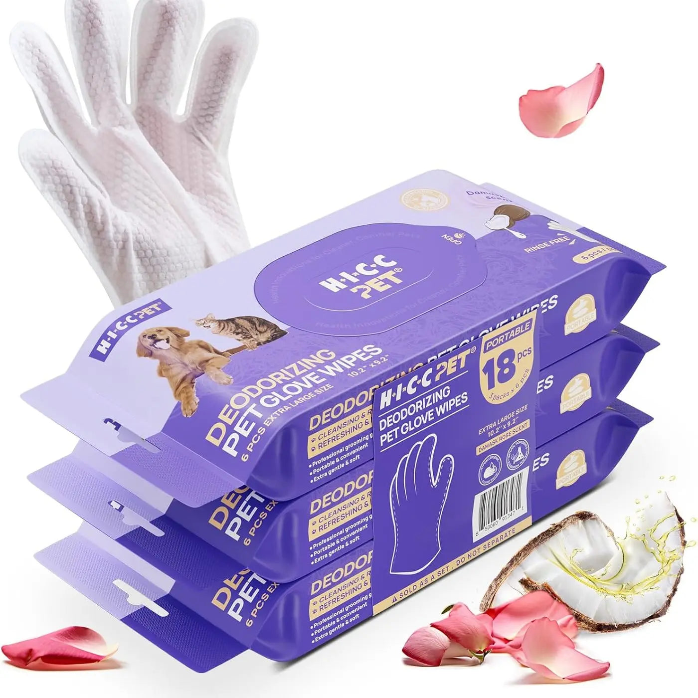 HICC PET 20Pcs Dog Grooming Wipes - No-Rinse Hypoallergenic Glove Wipes with Fermented Oils, Coconut, Lanolin, Potassium Sorbate, Lemon Verbena Extract for Hair Removal, Deodorizing, Skin Hydration (Mild Lemon Verbena Fragrance)