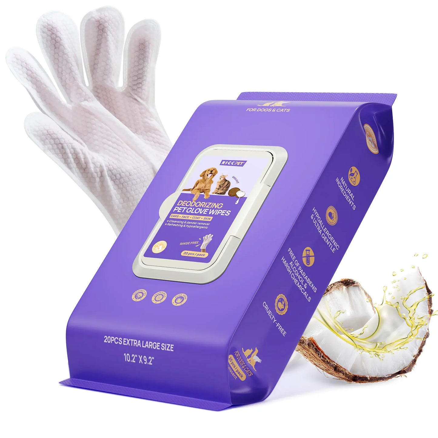HICC PET 20Pcs Dog Grooming Wipes - No-Rinse Hypoallergenic Glove Wipes with Fermented Oils, Coconut, Lanolin, Potassium Sorbate, Lemon Verbena Extract for Hair Removal, Deodorizing, Skin Hydration (Mild Lemon Verbena Fragrance)