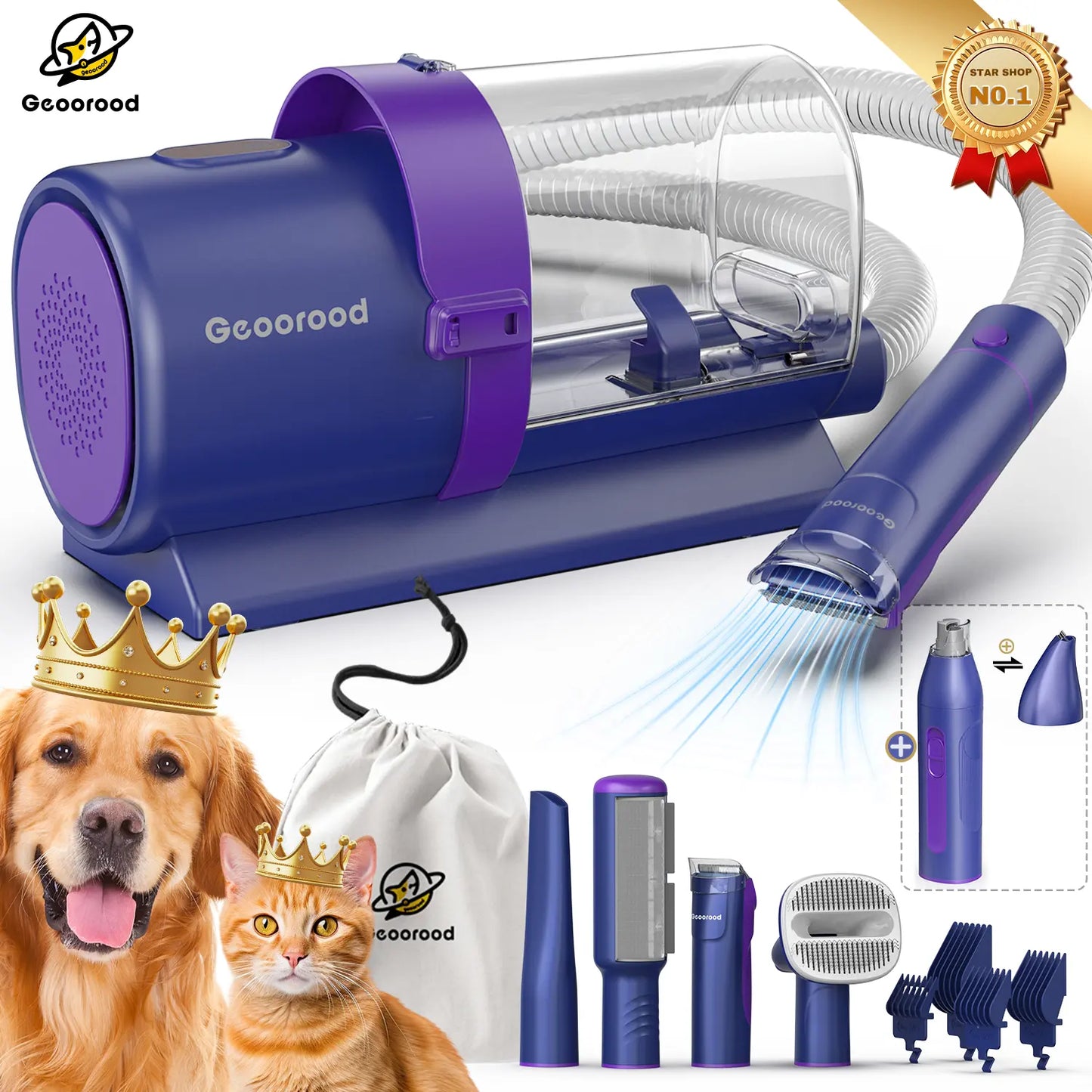 【Geoorood】 Geoorood Dog Grooming All-In-One Kit with Vacuum Brush 2.5L Large Pog, Stainless Steel Blades Lightweight Design 13Kpa Suction Force Portable Cleaning Set#Backtoschool