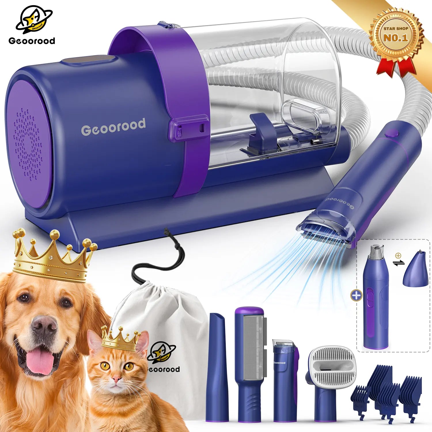 【Geoorood】 Geoorood Dog Grooming All-In-One Kit with Vacuum Brush 2.5L Large Pog, Stainless Steel Blades Lightweight Design 13Kpa Suction Force Portable Cleaning Set#Backtoschool