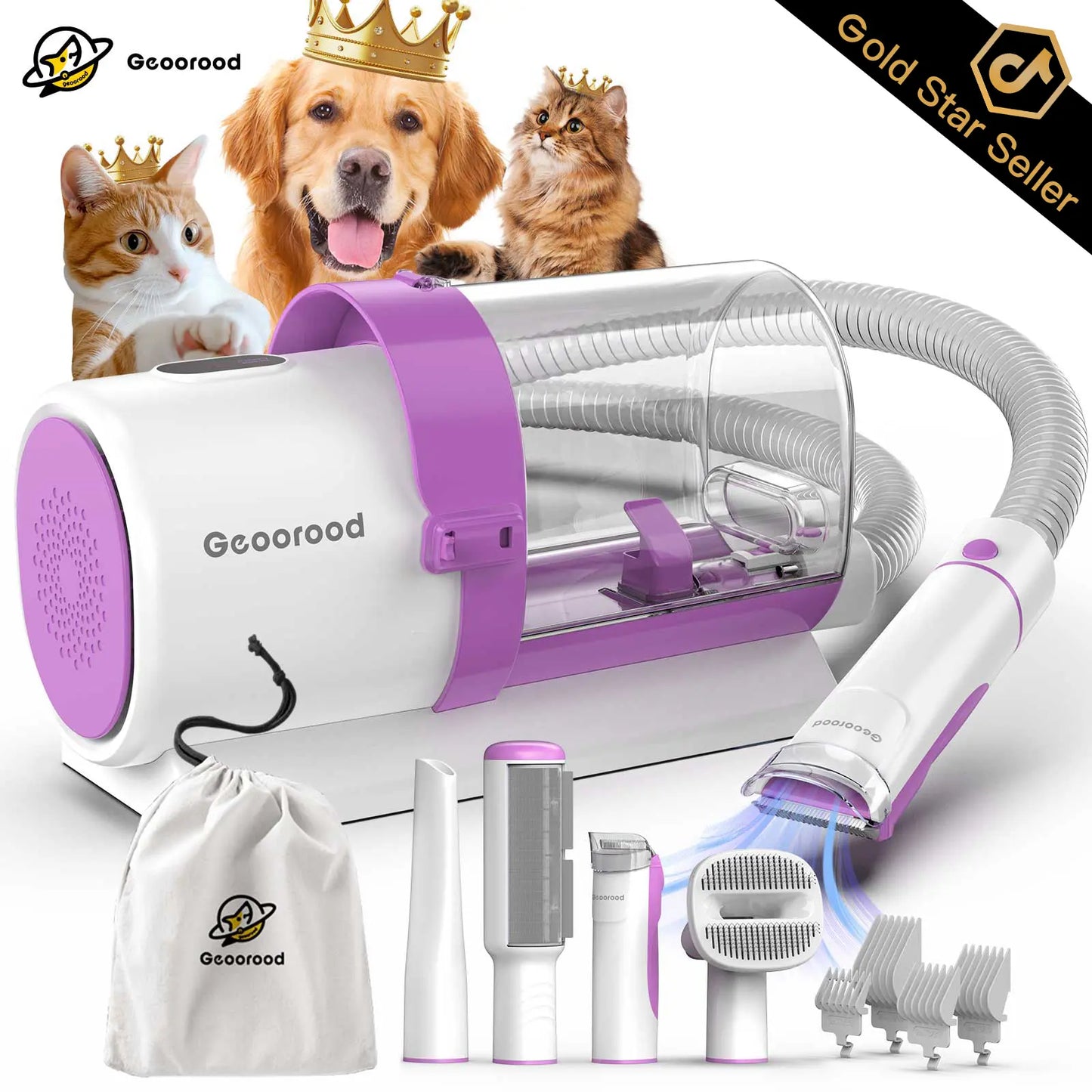 【Geoorood】 Geoorood Dog Grooming All-In-One Kit with Vacuum Brush 2.5L Large Pog, Stainless Steel Blades Lightweight Design 13Kpa Suction Force Portable Cleaning Set#Backtoschool