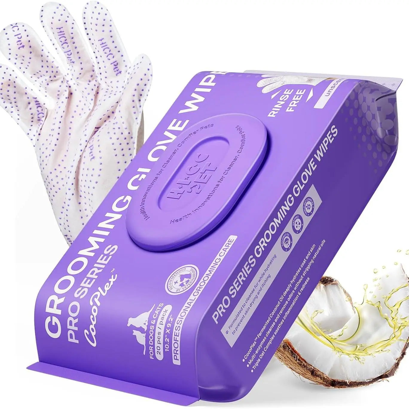 HICC PET 20Pcs Dog Grooming Wipes - No-Rinse Hypoallergenic Glove Wipes with Fermented Oils, Coconut, Lanolin, Potassium Sorbate, Lemon Verbena Extract for Hair Removal, Deodorizing, Skin Hydration (Mild Lemon Verbena Fragrance)