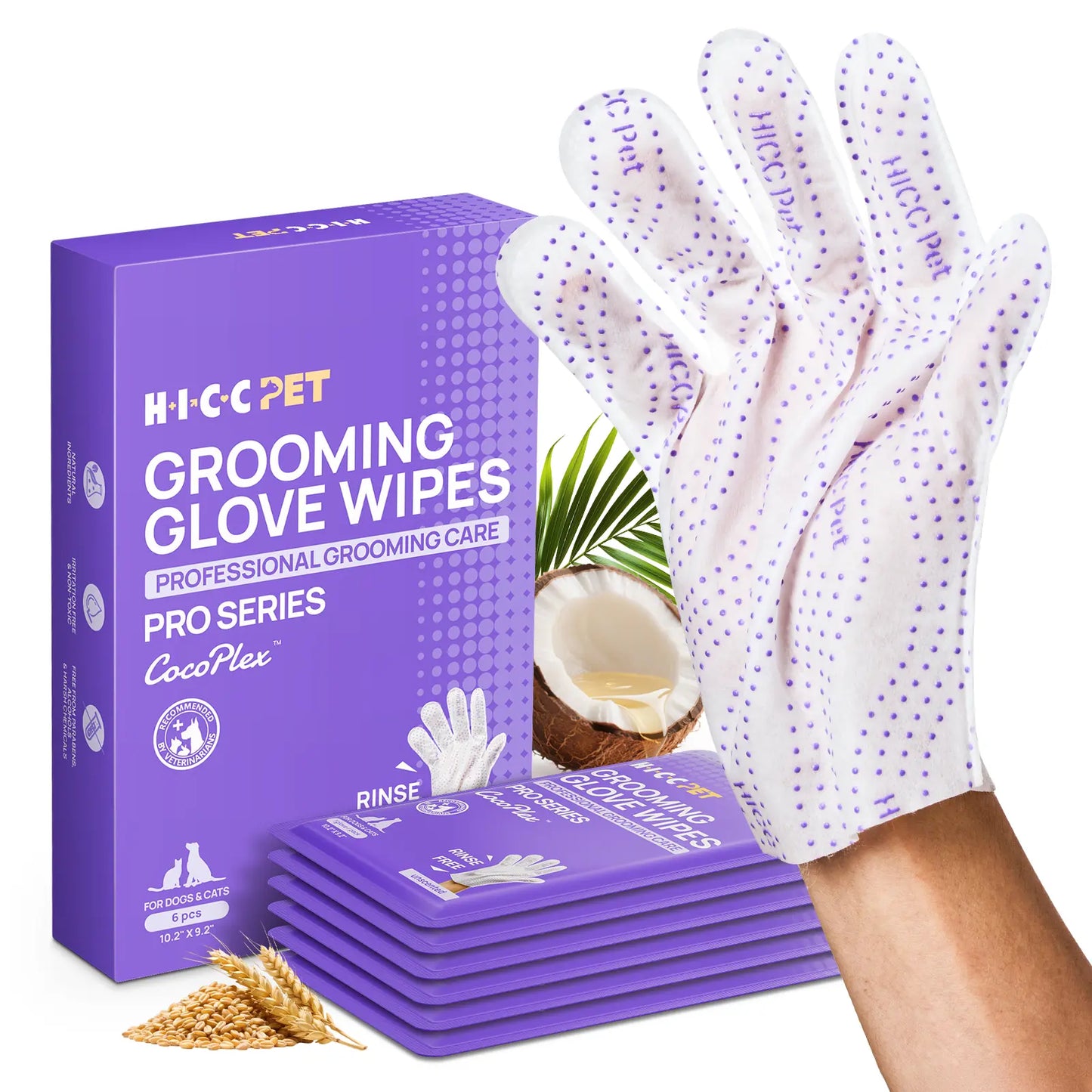 HICC PET 20Pcs Dog Grooming Wipes - No-Rinse Hypoallergenic Glove Wipes with Fermented Oils, Coconut, Lanolin, Potassium Sorbate, Lemon Verbena Extract for Hair Removal, Deodorizing, Skin Hydration (Mild Lemon Verbena Fragrance)