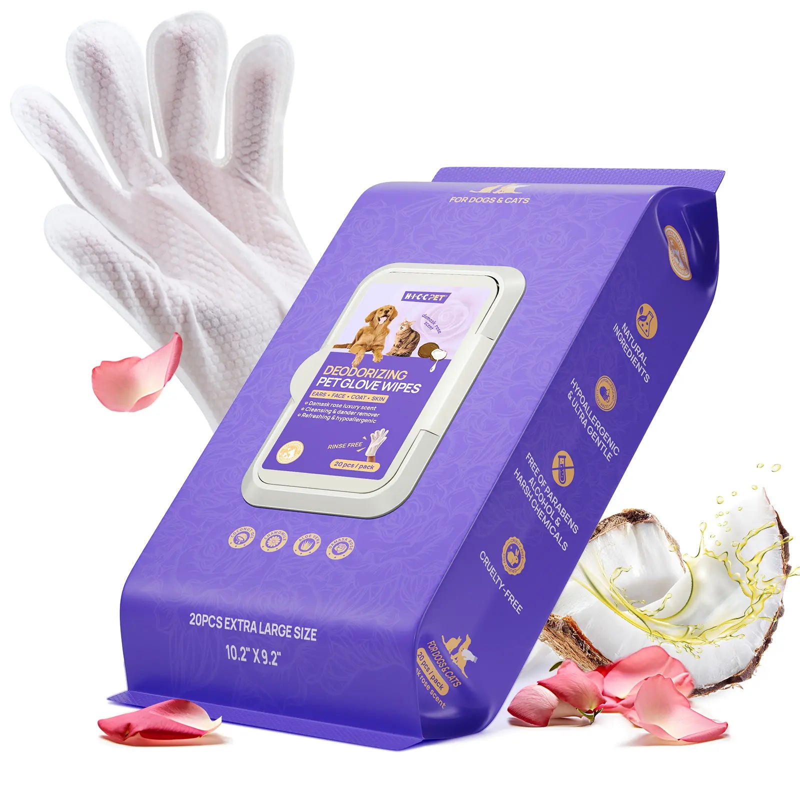 HICC PET 20Pcs Dog Grooming Wipes - No-Rinse Hypoallergenic Glove Wipes with Fermented Oils, Coconut, Lanolin, Potassium Sorbate, Lemon Verbena Extract for Hair Removal, Deodorizing, Skin Hydration (Mild Lemon Verbena Fragrance)