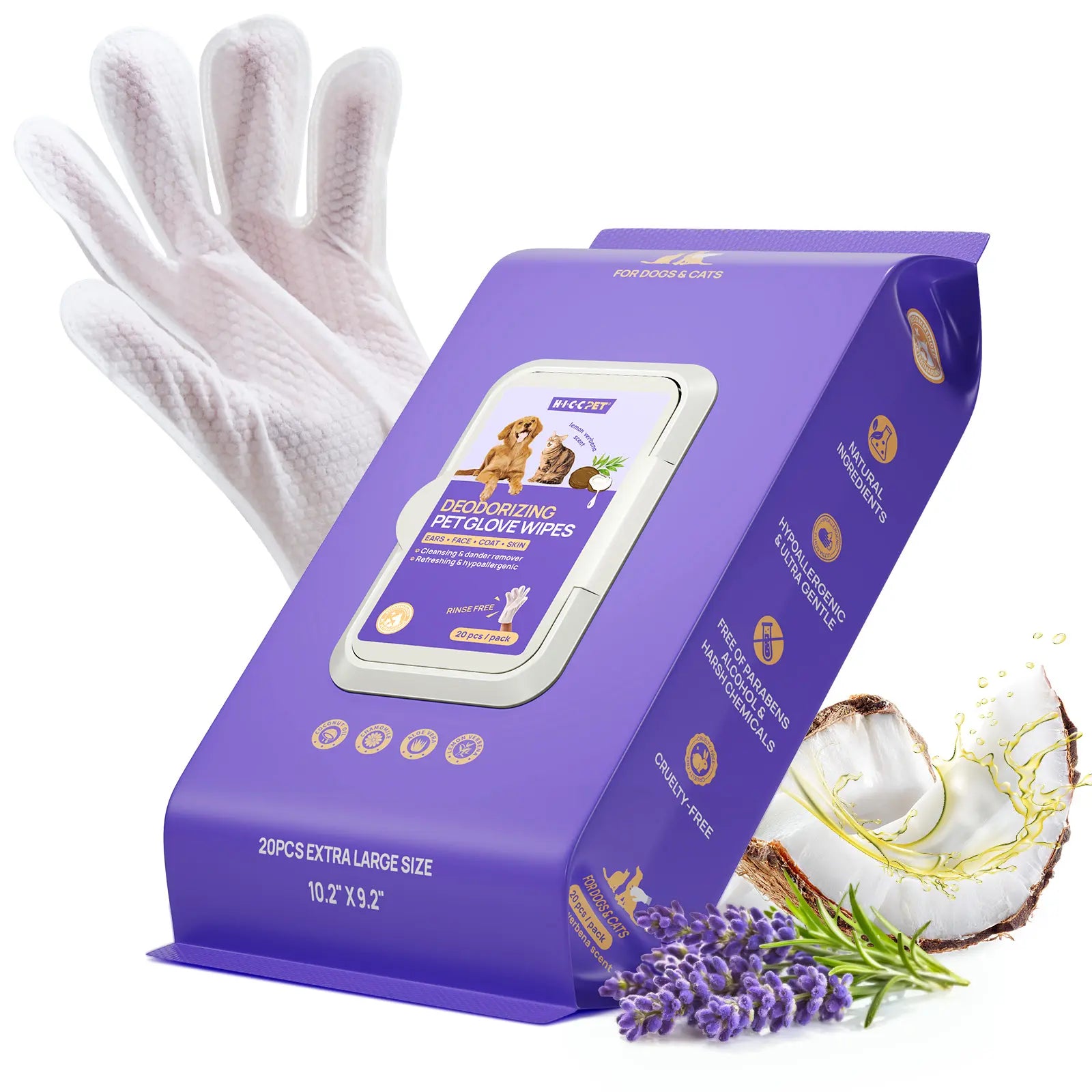 HICC PET 20Pcs Dog Grooming Wipes - No-Rinse Hypoallergenic Glove Wipes with Fermented Oils, Coconut, Lanolin, Potassium Sorbate, Lemon Verbena Extract for Hair Removal, Deodorizing, Skin Hydration (Mild Lemon Verbena Fragrance)