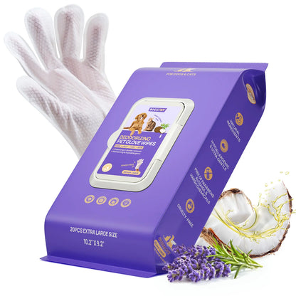 HICC PET 20Pcs Dog Grooming Wipes - No-Rinse Hypoallergenic Glove Wipes with Fermented Oils, Coconut, Lanolin, Potassium Sorbate, Lemon Verbena Extract for Hair Removal, Deodorizing, Skin Hydration (Mild Lemon Verbena Fragrance)