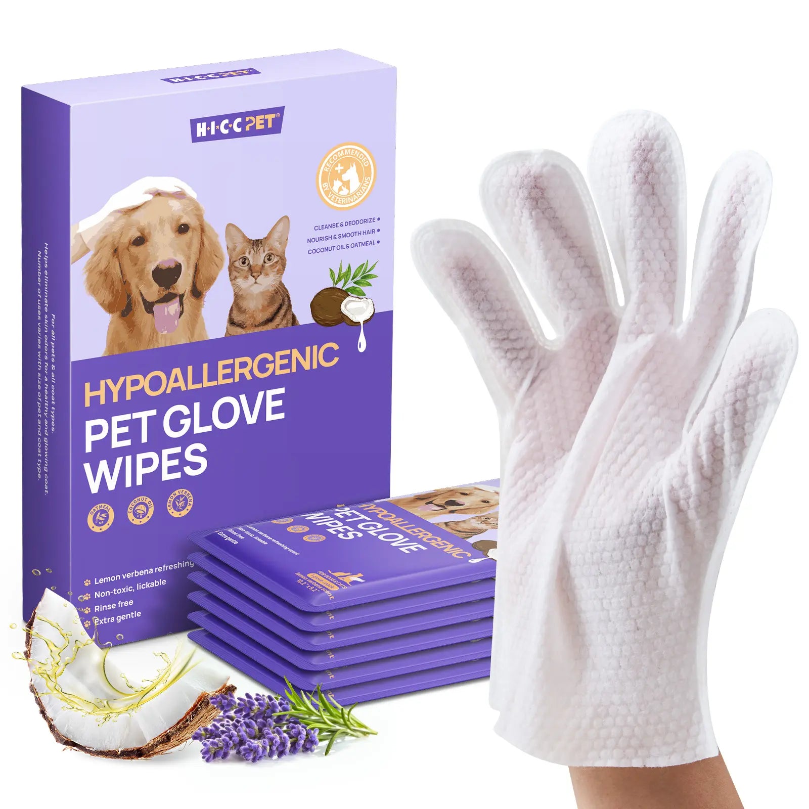 HICC PET 20Pcs Dog Grooming Wipes - No-Rinse Hypoallergenic Glove Wipes with Fermented Oils, Coconut, Lanolin, Potassium Sorbate, Lemon Verbena Extract for Hair Removal, Deodorizing, Skin Hydration (Mild Lemon Verbena Fragrance)