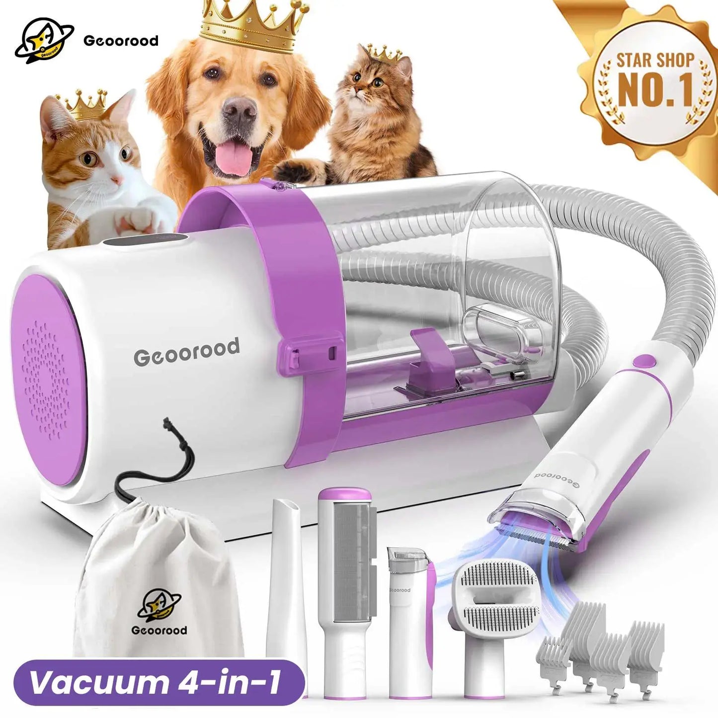 【Geoorood】 Geoorood Dog Grooming All-In-One Kit with Vacuum Brush 2.5L Large Pog, Stainless Steel Blades Lightweight Design 13Kpa Suction Force Portable Cleaning Set#Backtoschool