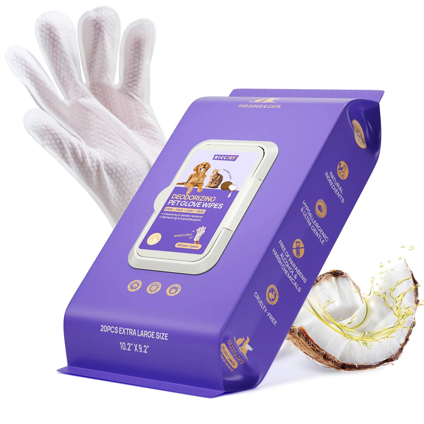 HICC PET 20Pcs Dog Grooming Wipes - No-Rinse Hypoallergenic Glove Wipes with Fermented Oils, Coconut, Lanolin, Potassium Sorbate, Lemon Verbena Extract for Hair Removal, Deodorizing, Skin Hydration (Mild Lemon Verbena Fragrance)