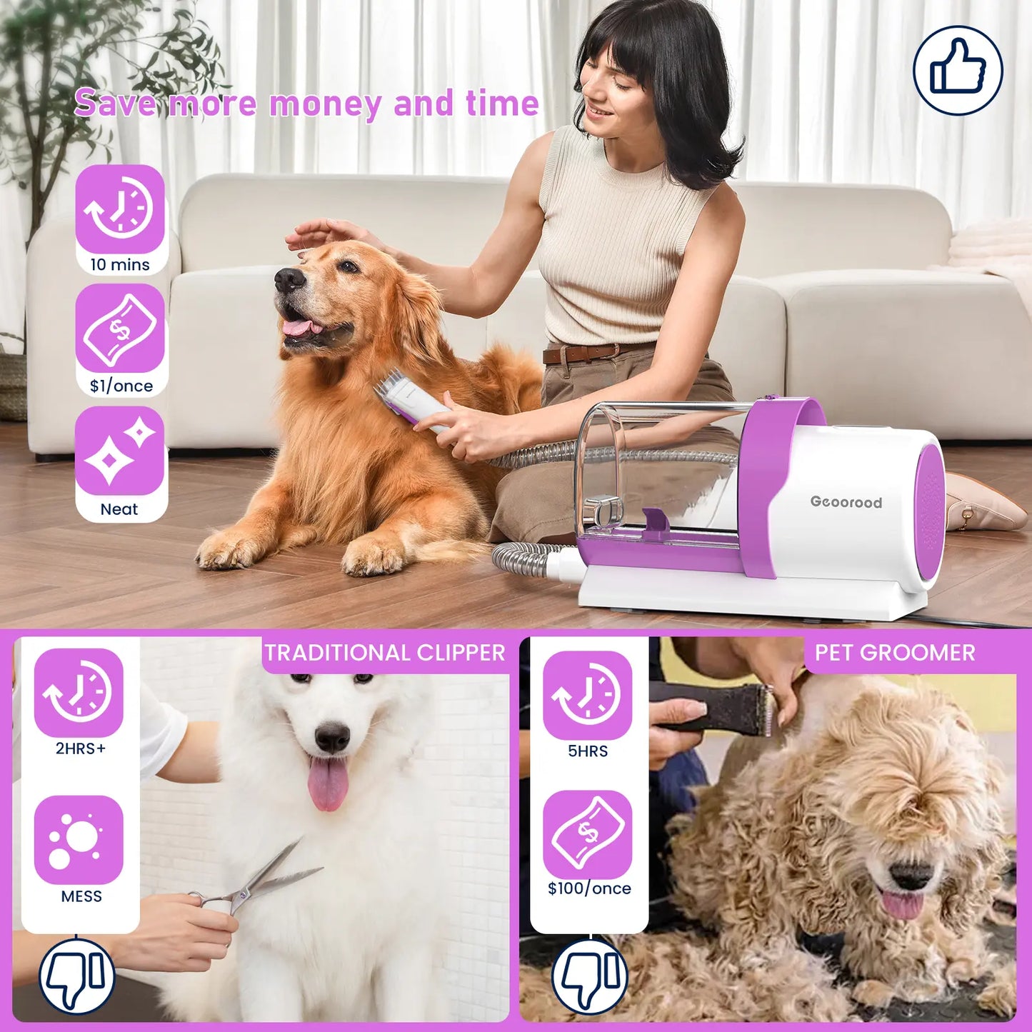 【Geoorood】 Geoorood Dog Grooming All-In-One Kit with Vacuum Brush 2.5L Large Pog, Stainless Steel Blades Lightweight Design 13Kpa Suction Force Portable Cleaning Set#Backtoschool