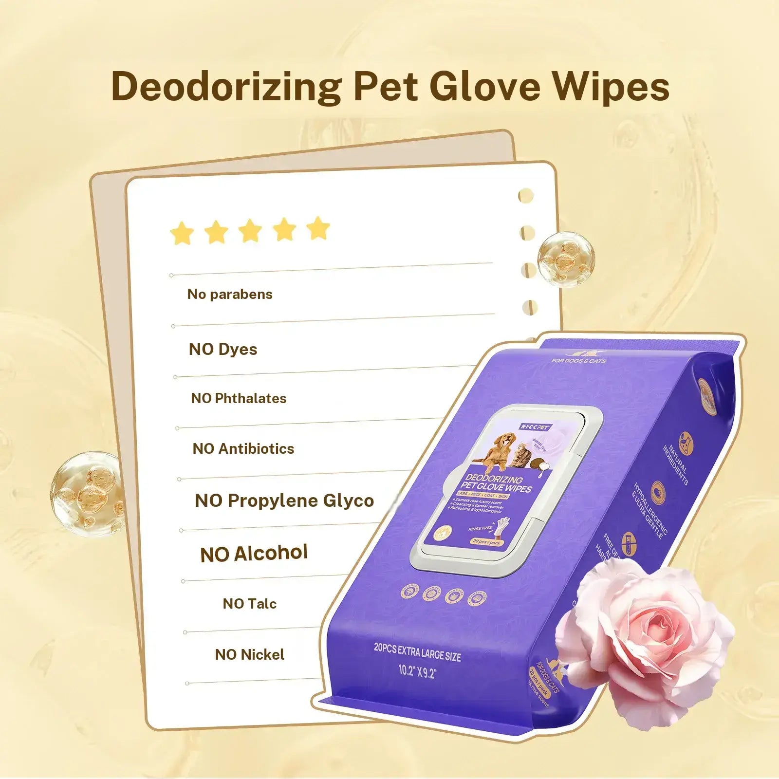 HICC PET 20Pcs Dog Grooming Wipes - No-Rinse Hypoallergenic Glove Wipes with Fermented Oils, Coconut, Lanolin, Potassium Sorbate, Lemon Verbena Extract for Hair Removal, Deodorizing, Skin Hydration (Mild Lemon Verbena Fragrance)